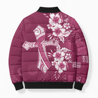 Kia Orana Cook Islands Tapa Floral With Cross Bomber Puffer Jacket Maroon LT7 - Polynesian Pride