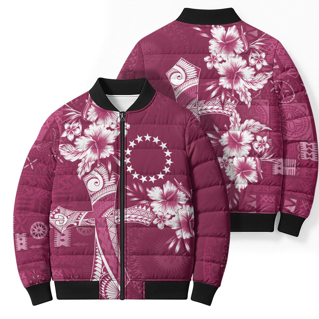 Kia Orana Cook Islands Tapa Floral With Cross Bomber Puffer Jacket Maroon LT7 - Polynesian Pride