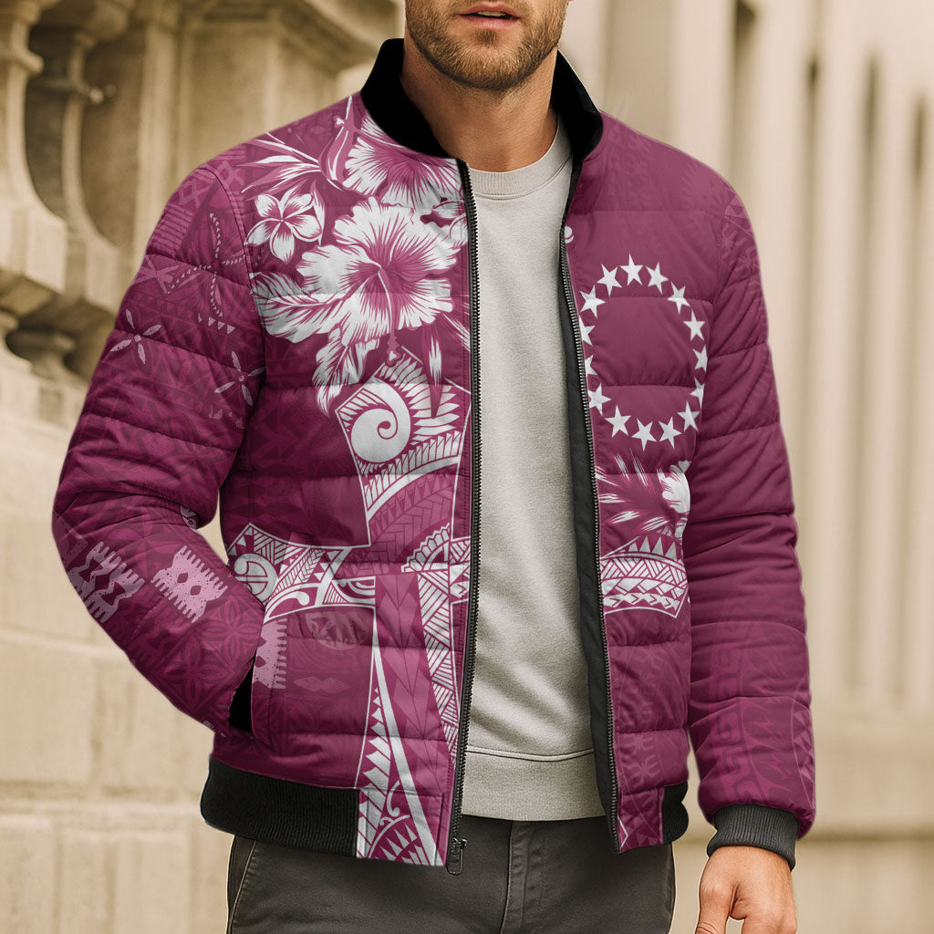 Kia Orana Cook Islands Tapa Floral With Cross Bomber Puffer Jacket Maroon LT7 - Polynesian Pride