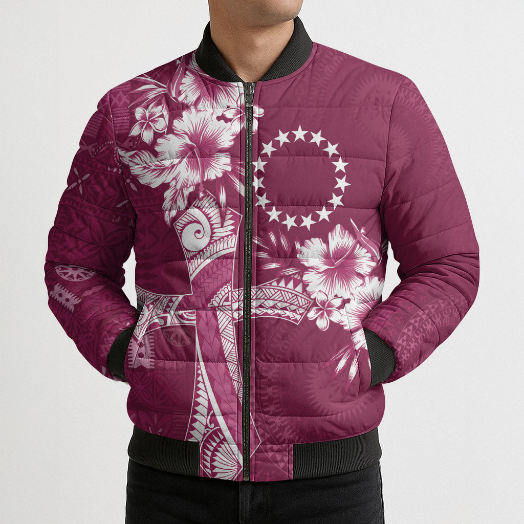 Kia Orana Cook Islands Tapa Floral With Cross Bomber Puffer Jacket Maroon LT7 - Polynesian Pride