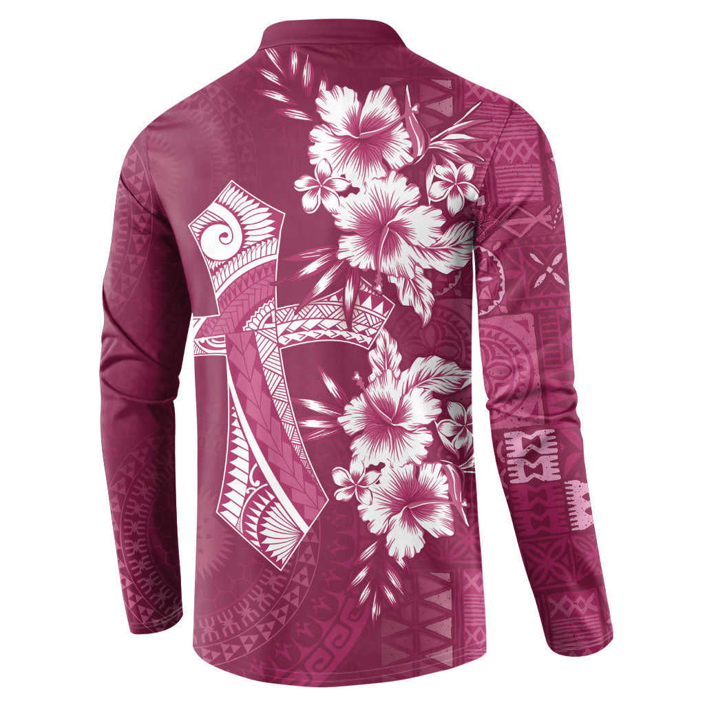 Kia Orana Cook Islands Tapa Floral With Cross Button Sweatshirt Maroon LT7 - Polynesian Pride
