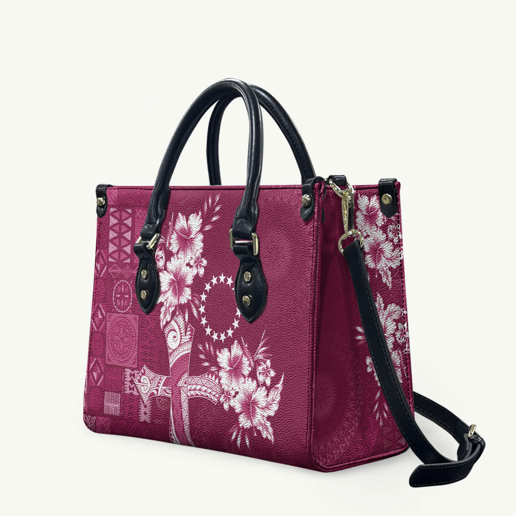 Kia Orana Cook Islands Tapa Floral With Cross Leather Bag Maroon LT7 Maroon - Polynesian Pride
