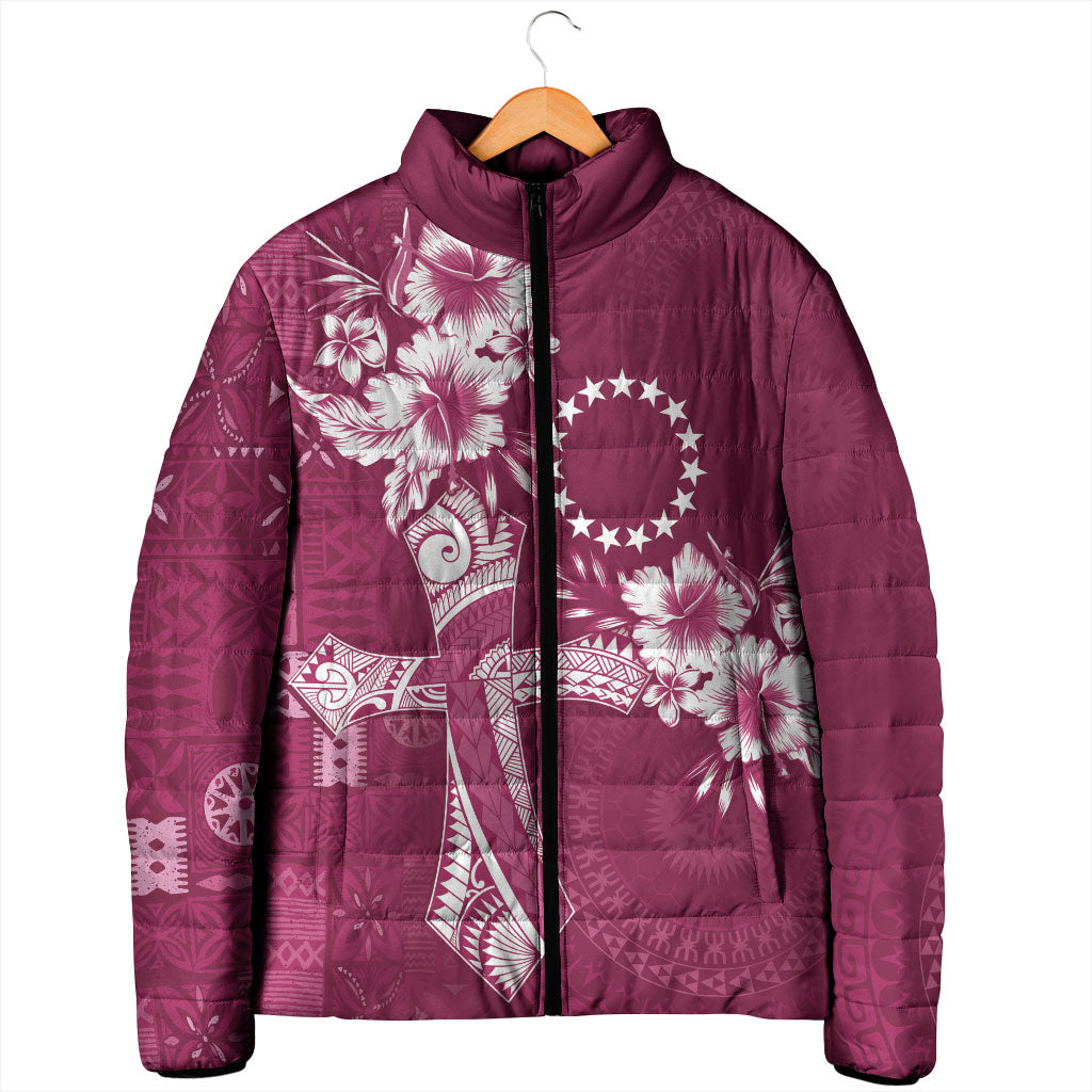 Kia Orana Cook Islands Tapa Floral With Cross Padded Jacket Maroon LT7 - Polynesian Pride