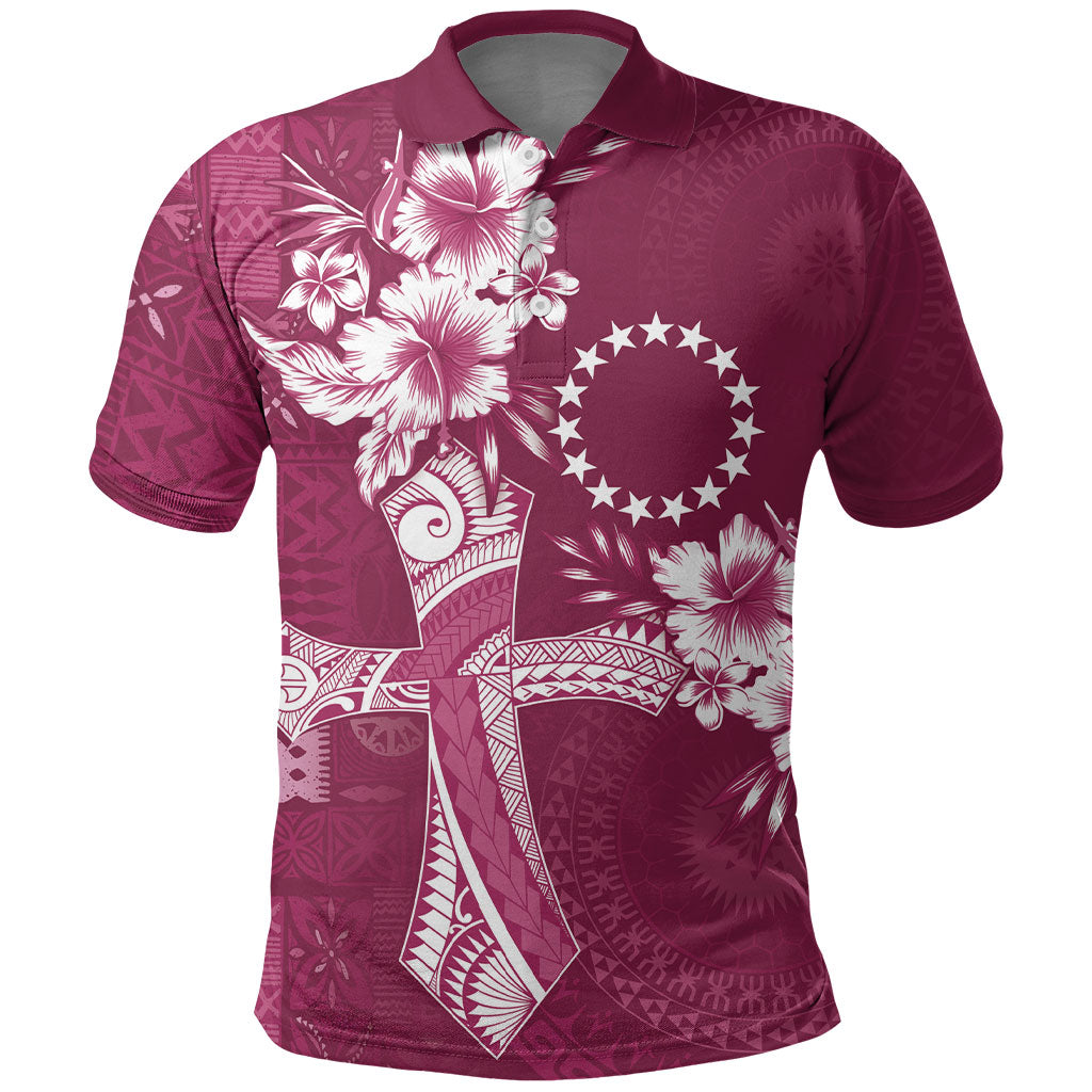 Kia Orana Cook Islands Tapa Floral With Cross Polo Shirt Maroon