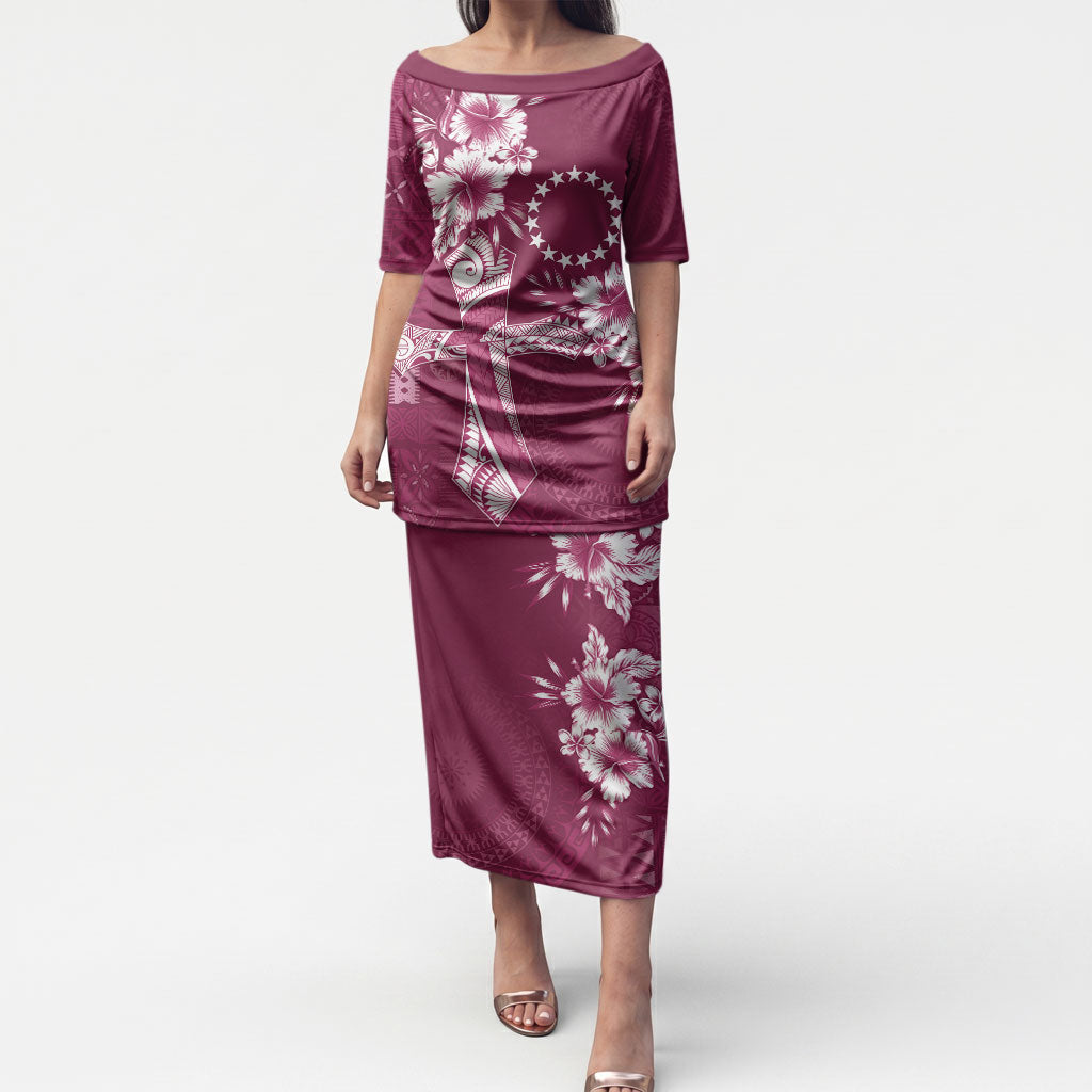 Kia Orana Cook Islands Tapa Floral With Cross Puletasi Maroon LT7 Long Dress Maroon - Polynesian Pride