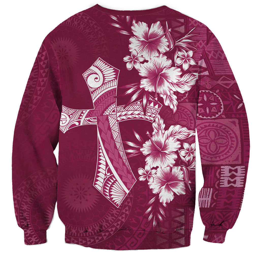 Kia Orana Cook Islands Tapa Floral With Cross Sweatshirt Maroon LT7 - Polynesian Pride