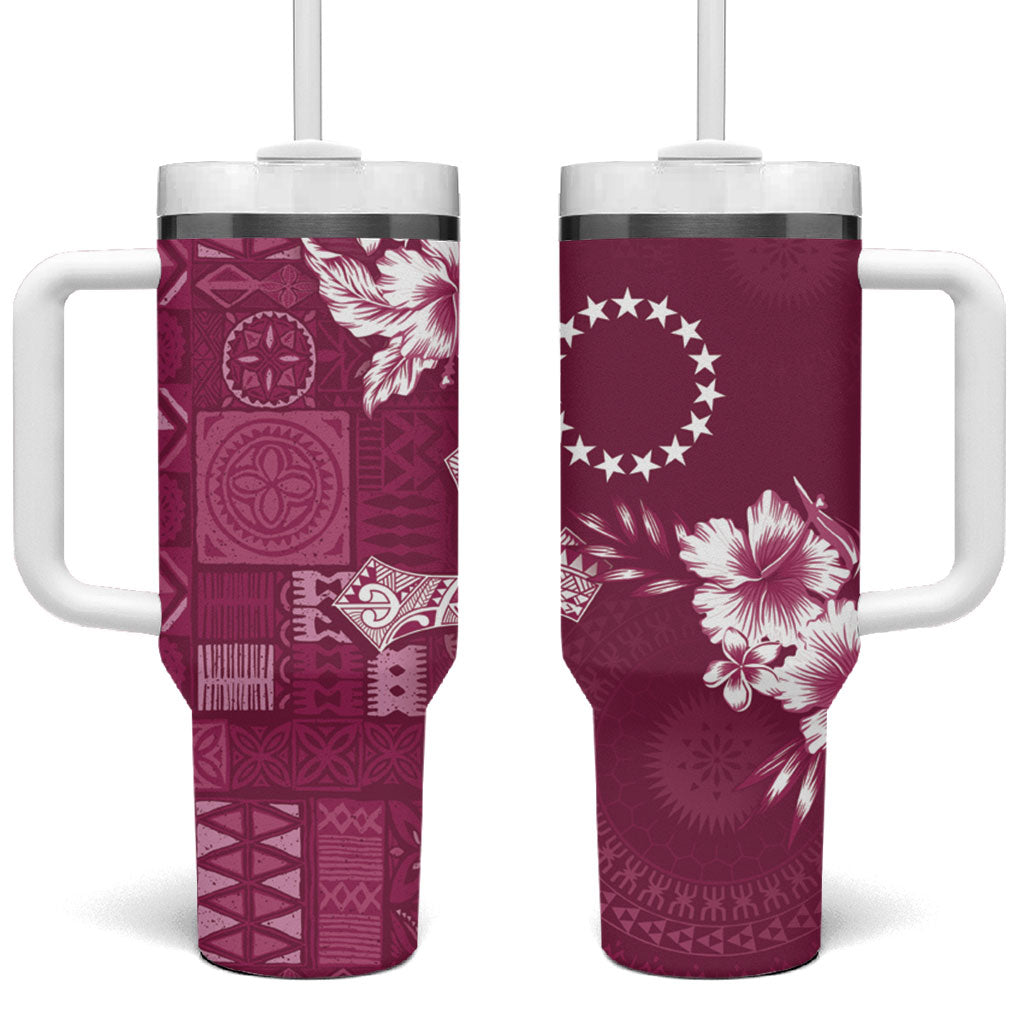 Kia Orana Cook Islands Tapa Floral With Cross Tumbler With Handle Maroon LT7 One Size: 40 oz Maroon - Polynesian Pride