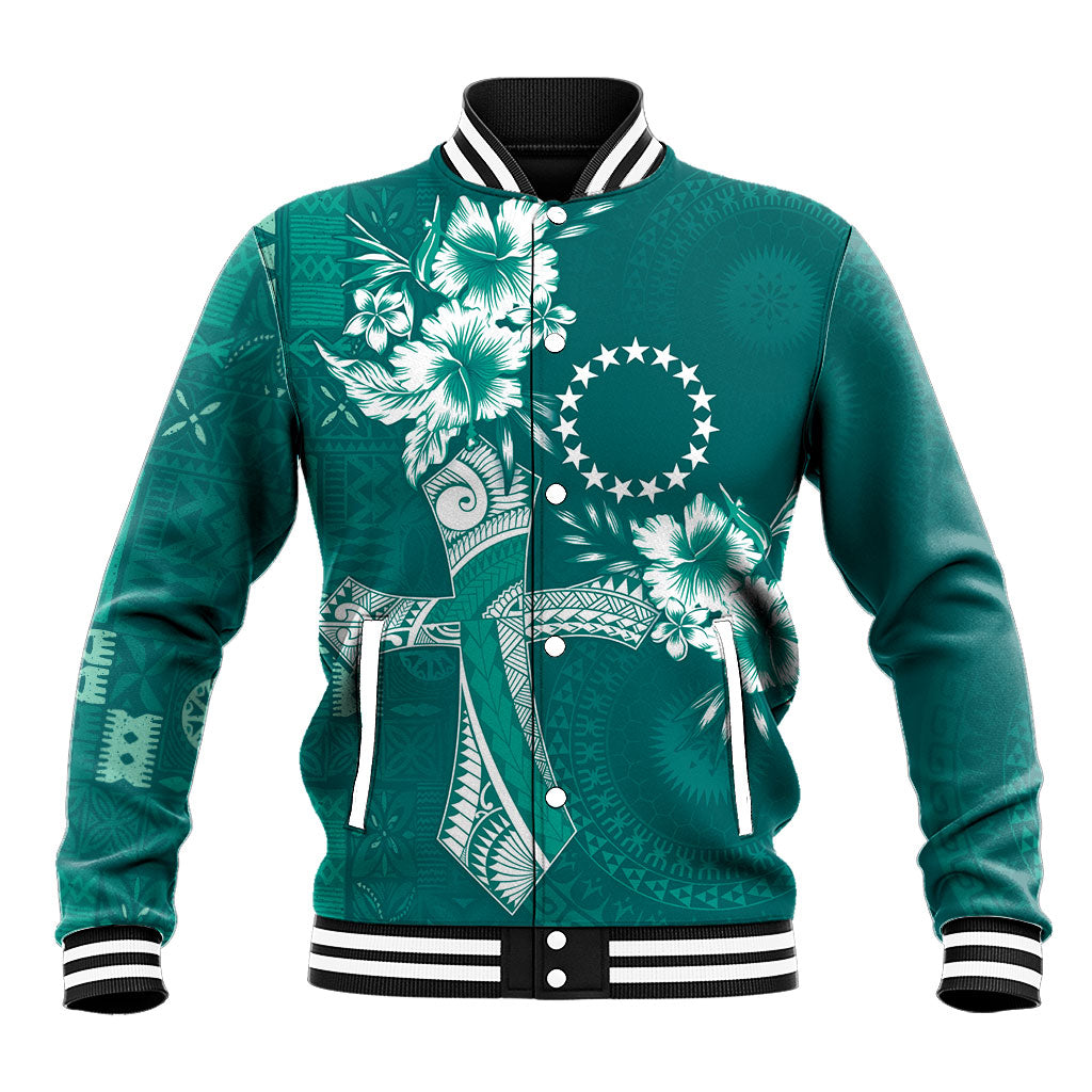 Kia Orana Cook Islands Tapa Floral With Cross Baseball Jacket Deep Teal LT7 Unisex Deep Teal - Polynesian Pride