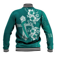 Kia Orana Cook Islands Tapa Floral With Cross Baseball Jacket Deep Teal LT7 - Polynesian Pride