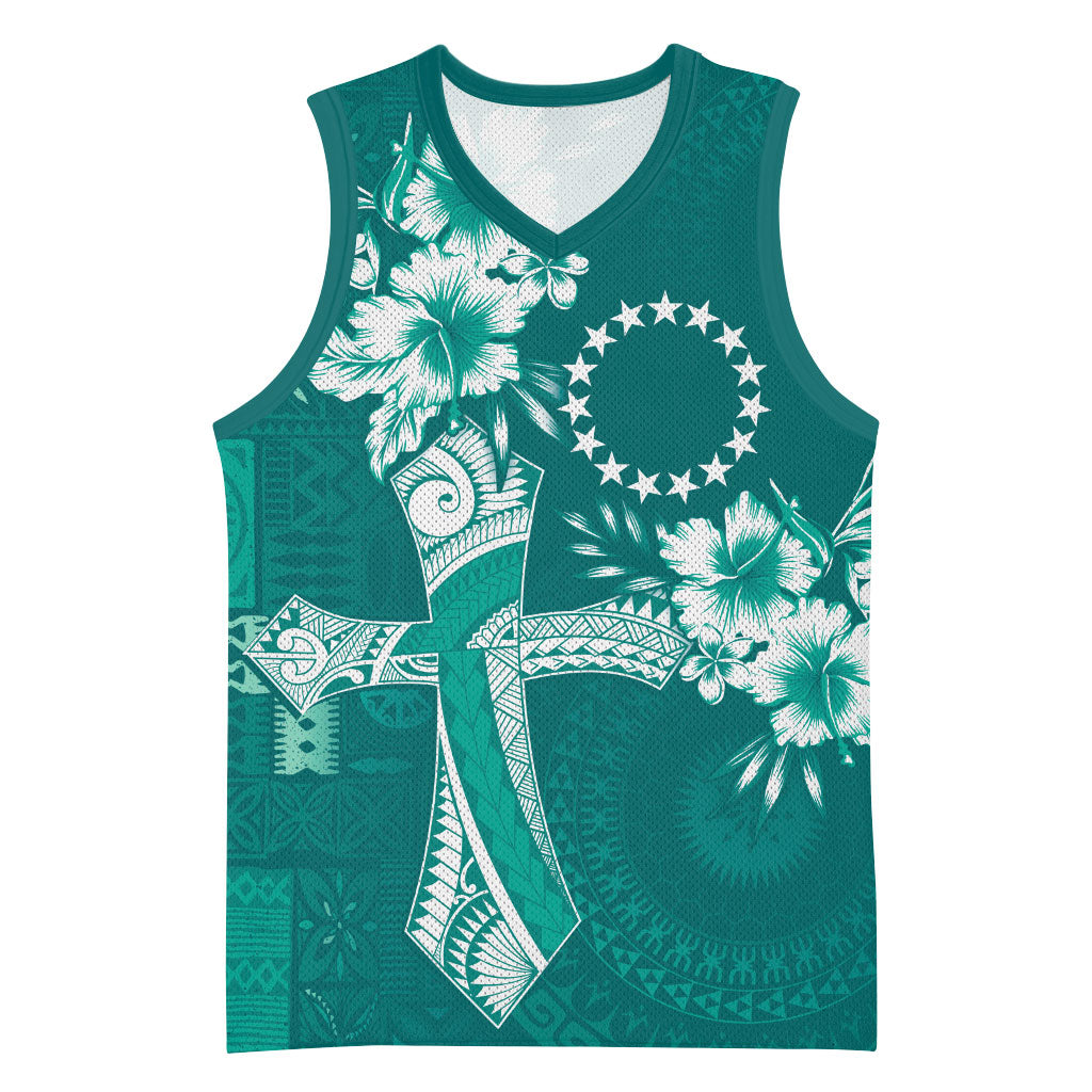 Kia Orana Cook Islands Tapa Floral With Cross Basketball Jersey Deep Teal