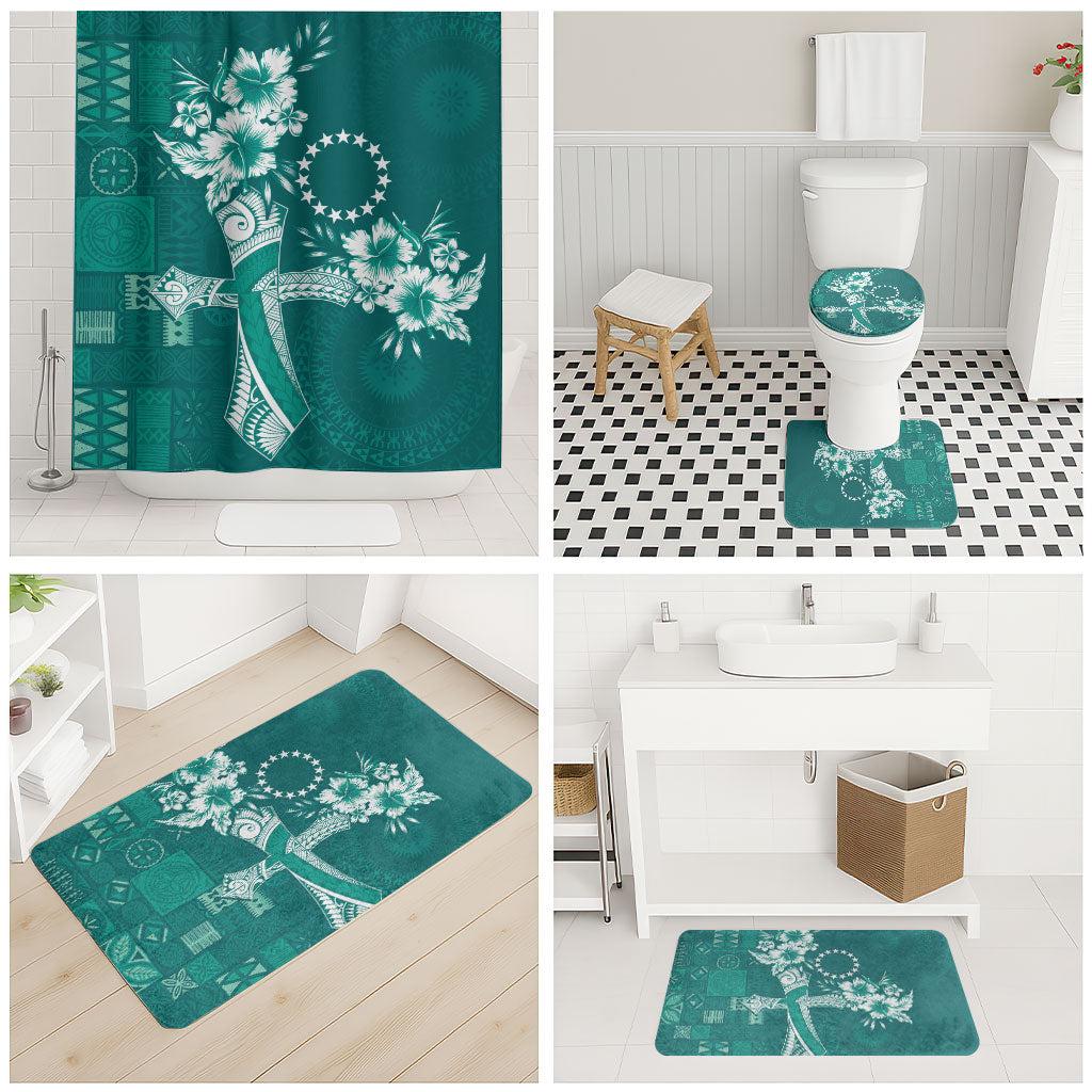 Kia Orana Cook Islands Tapa Floral With Cross Bathroom Set Deep Teal LT7 - Polynesian Pride