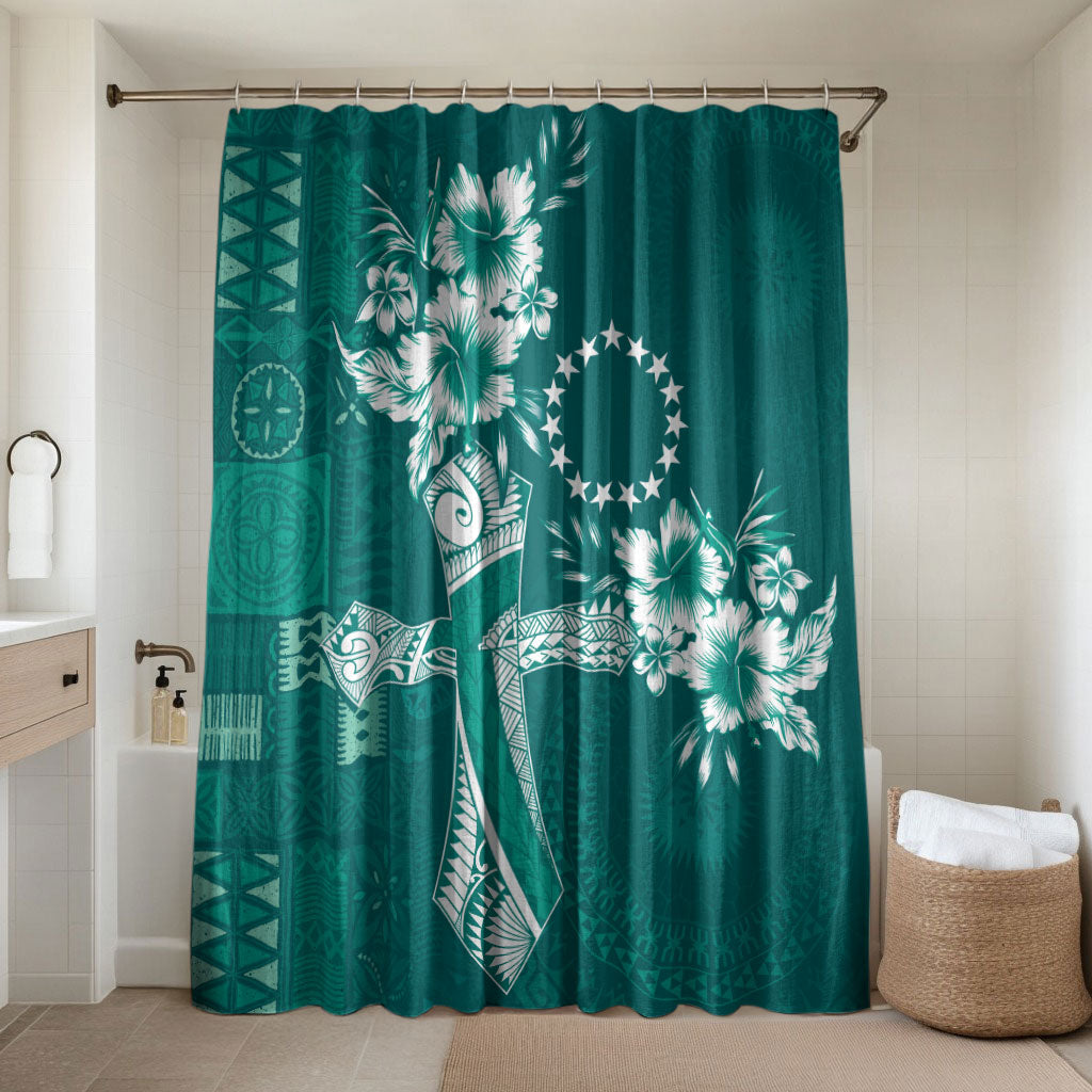 Kia Orana Cook Islands Tapa Floral With Cross Bathroom Set Deep Teal LT7 Shower Curtain Only Deep Teal - Polynesian Pride
