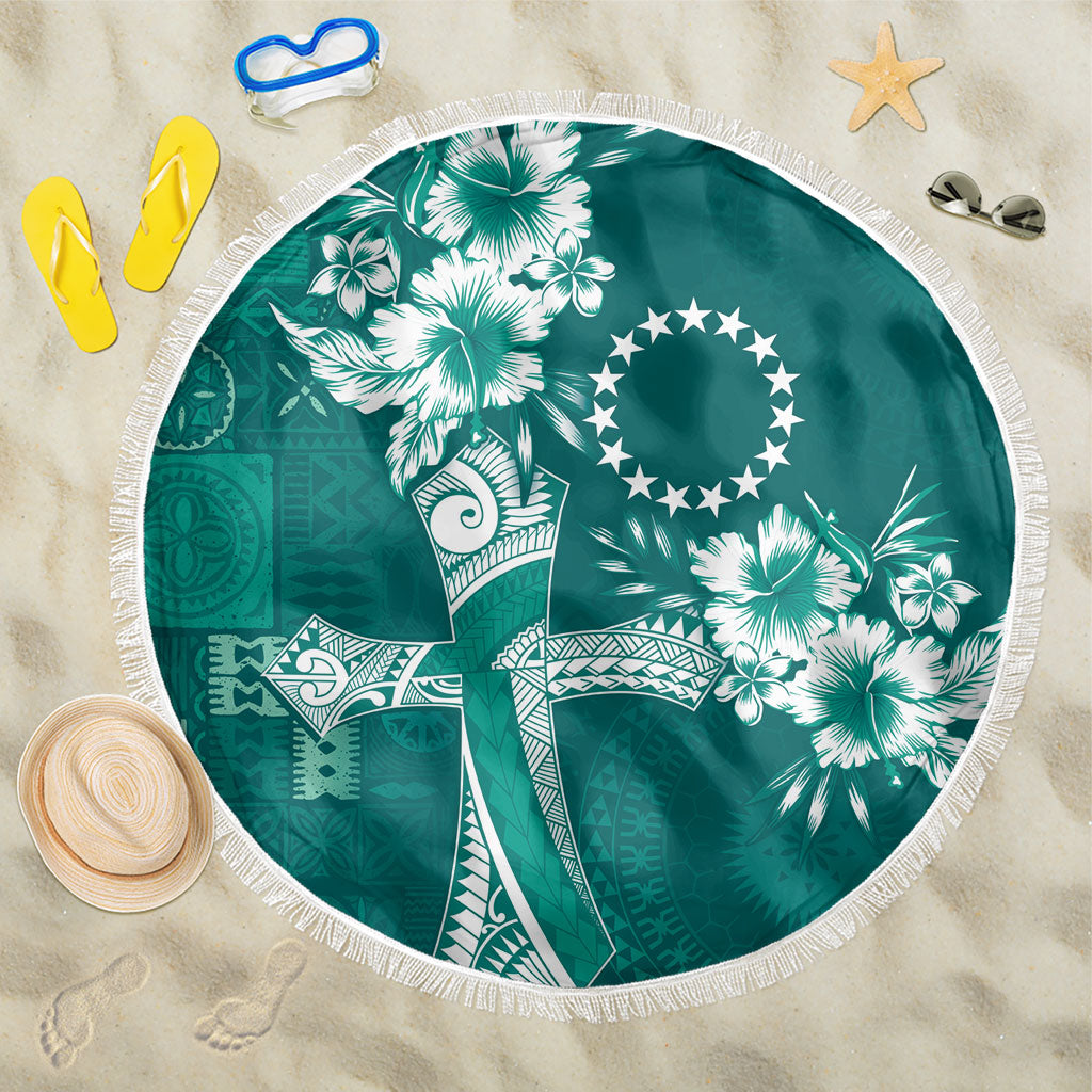 Kia Orana Cook Islands Tapa Floral With Cross Beach Blanket Deep Teal LT7 One Size 150cm Deep Teal - Polynesian Pride