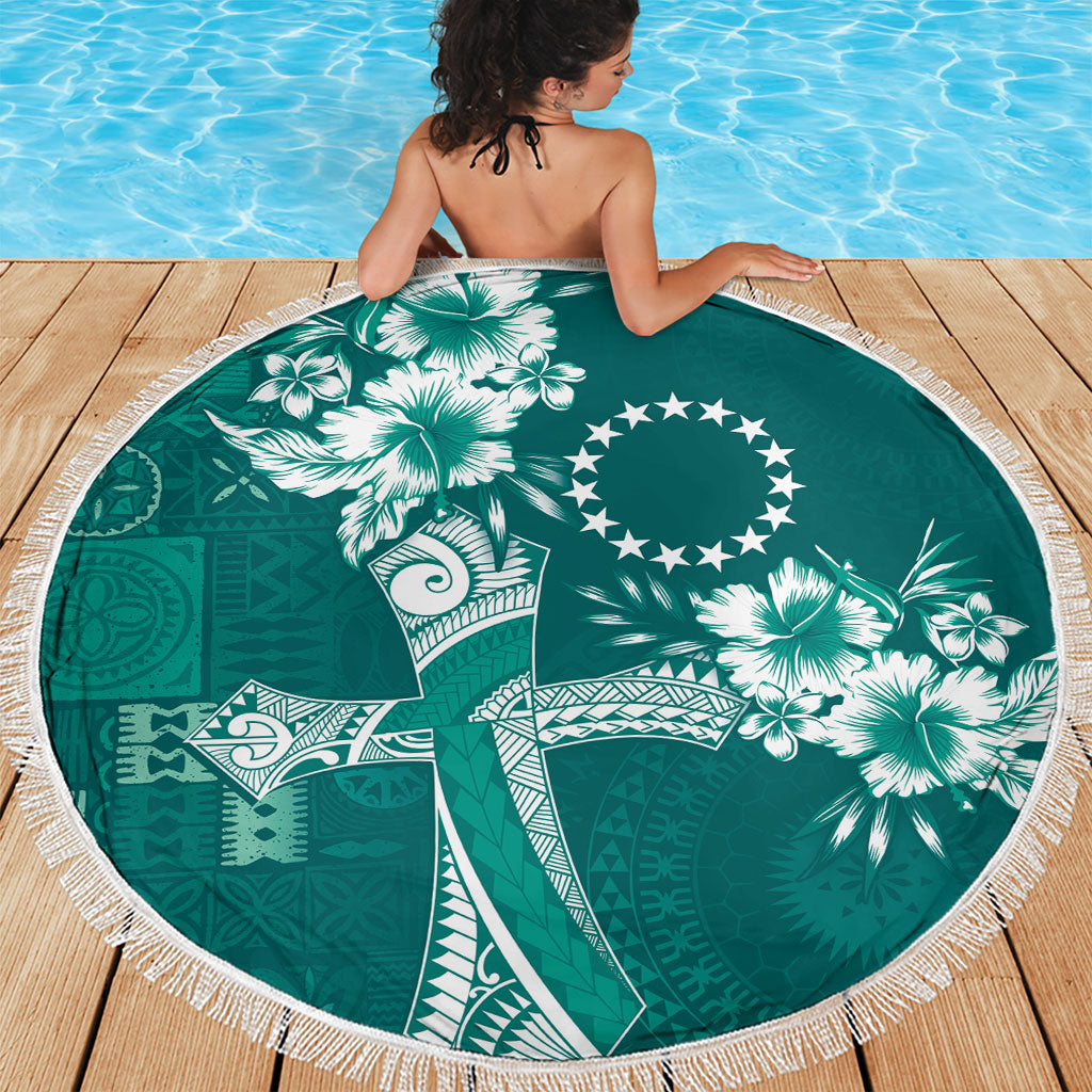 Kia Orana Cook Islands Tapa Floral With Cross Beach Blanket Deep Teal LT7 - Polynesian Pride