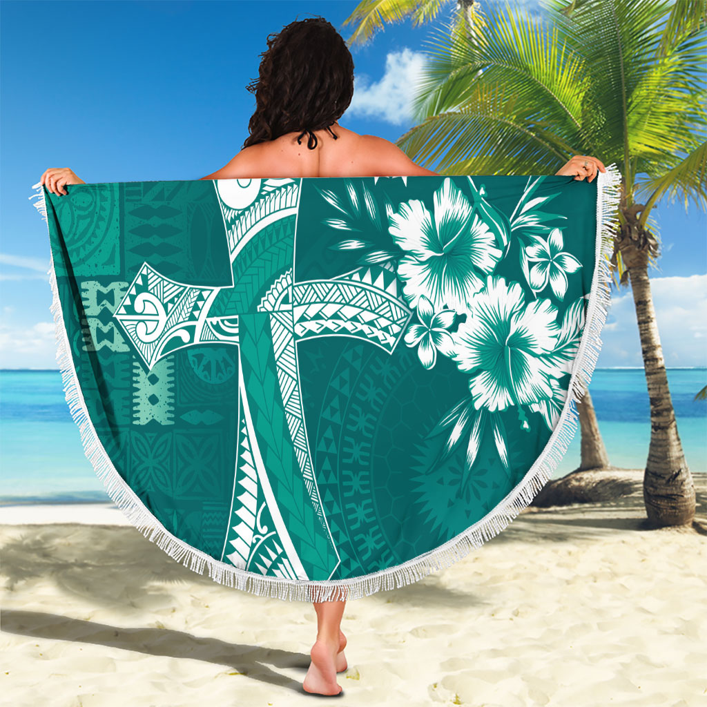 Kia Orana Cook Islands Tapa Floral With Cross Beach Blanket Deep Teal LT7 - Polynesian Pride