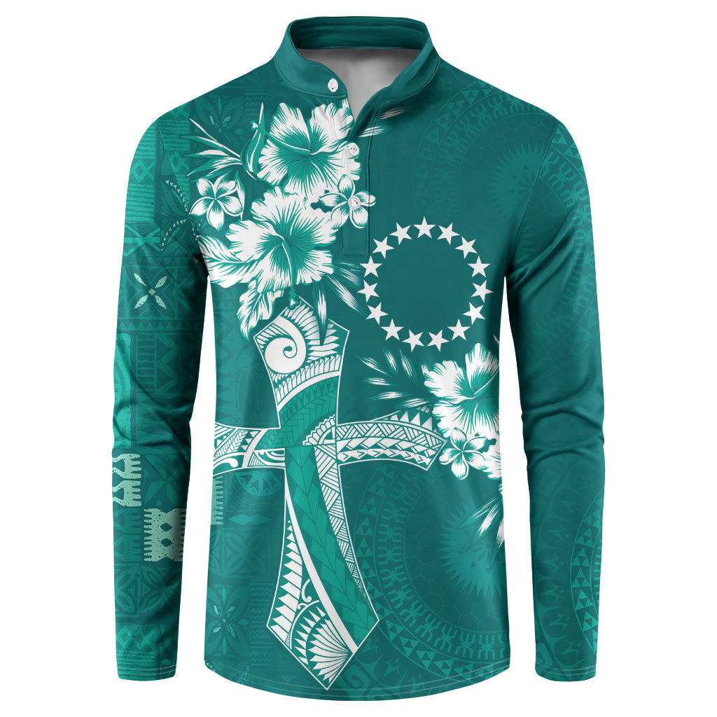 Kia Orana Cook Islands Tapa Floral With Cross Button Sweatshirt Deep Teal LT7 Deep Teal - Polynesian Pride