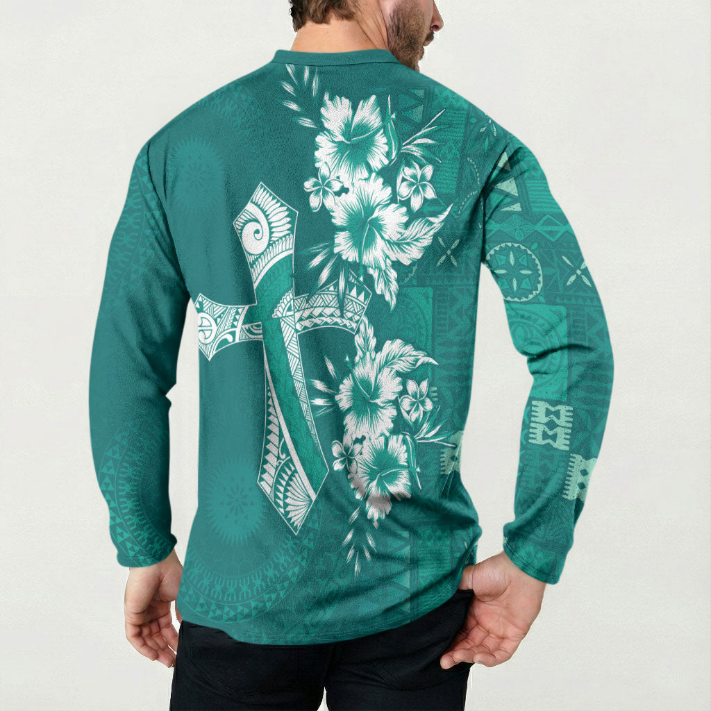 Kia Orana Cook Islands Tapa Floral With Cross Button Sweatshirt Deep Teal LT7 - Polynesian Pride