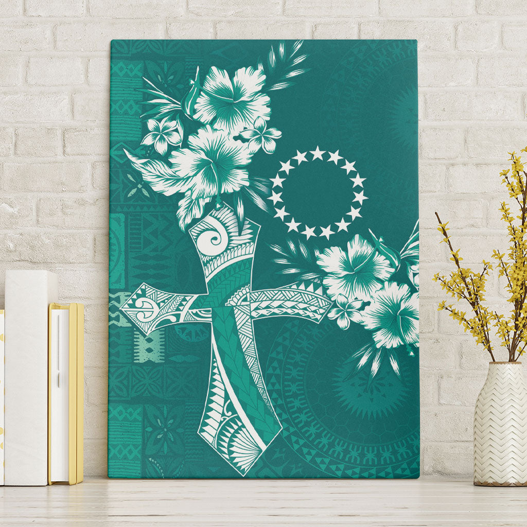 Kia Orana Cook Islands Tapa Floral With Cross Canvas Wall Art Deep Teal
