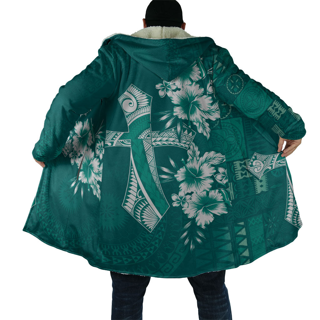 Kia Orana Cook Islands Tapa Floral With Cross Cloak Deep Teal LT7 - Polynesian Pride