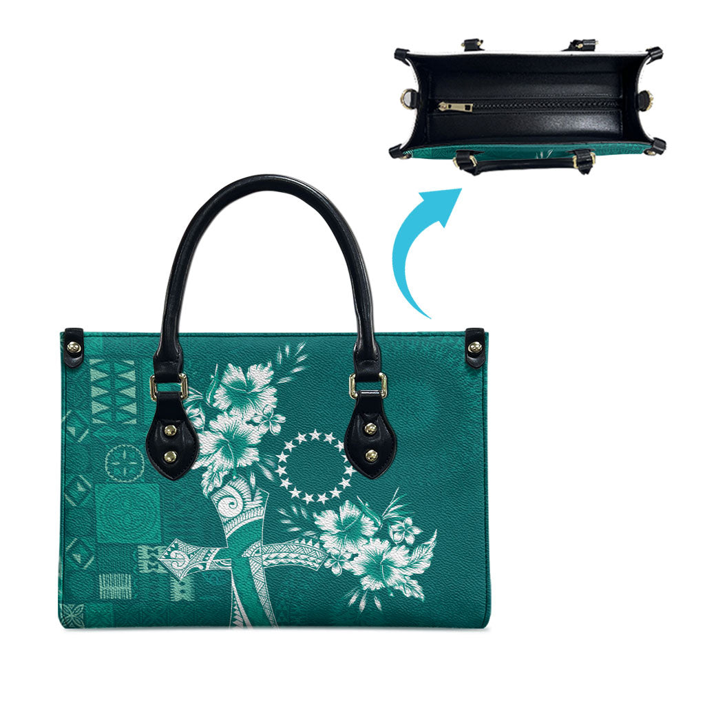 Kia Orana Cook Islands Tapa Floral With Cross Leather Bag Deep Teal LT7 - Polynesian Pride