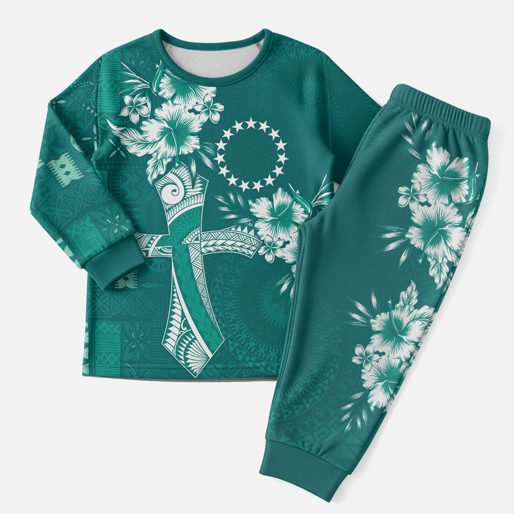 Kia Orana Cook Islands Tapa Floral With Cross Christmas Pajama Set Deep Teal LT7 Men Deep Teal - Polynesian Pride