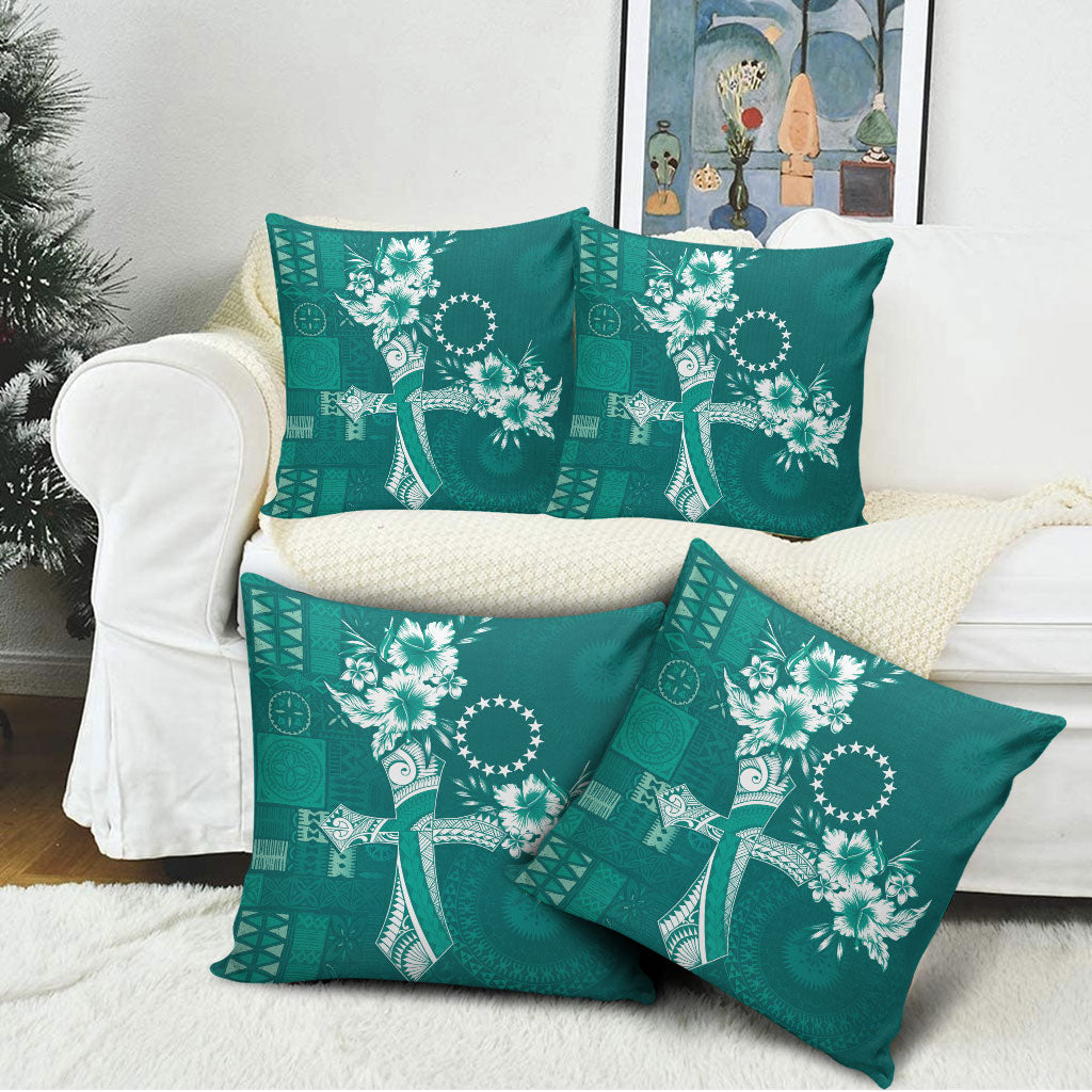 Kia Orana Cook Islands Tapa Floral With Cross Pillow Cover Deep Teal LT7 - Polynesian Pride