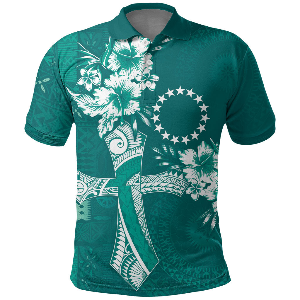 Kia Orana Cook Islands Tapa Floral With Cross Polo Shirt Deep Teal
