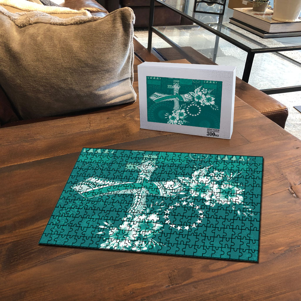 Kia Orana Cook Islands Tapa Floral With Cross Puzzle Deep Teal LT7 - Polynesian Pride