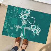 Kia Orana Cook Islands Tapa Floral With Cross Rubber Doormat Deep Teal LT7 - Polynesian Pride