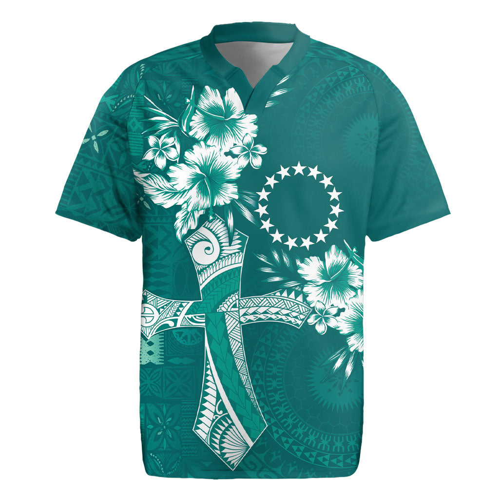 Kia Orana Cook Islands Tapa Floral With Cross Rugby Jersey Deep Teal LT7 Deep Teal - Polynesian Pride