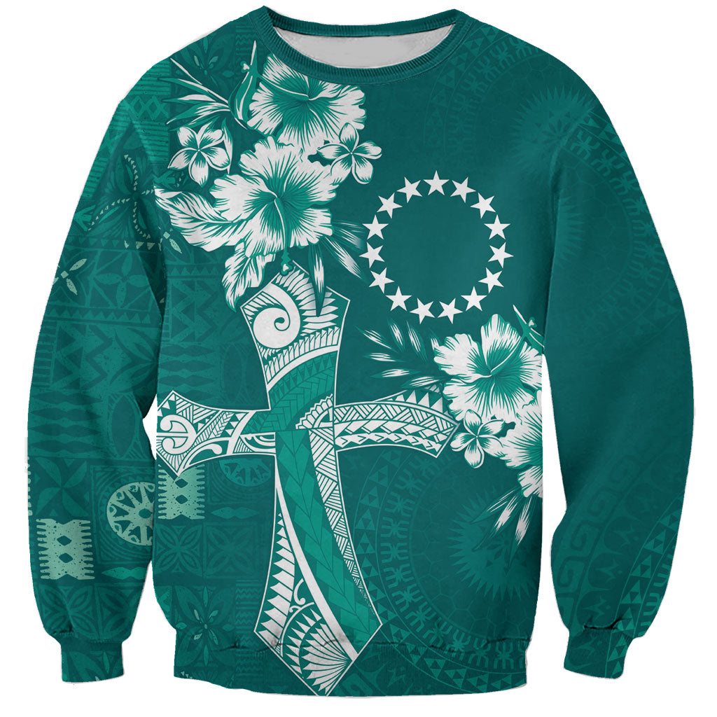 Kia Orana Cook Islands Tapa Floral With Cross Sweatshirt Deep Teal LT7 Unisex Deep Teal - Polynesian Pride