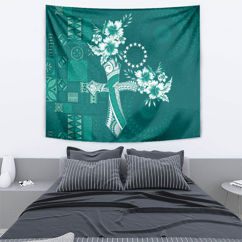 Kia Orana Cook Islands Tapa Floral With Cross Tapestry Deep Teal LT7 - Polynesian Pride