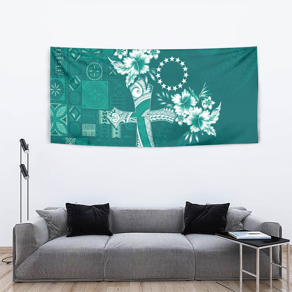 Kia Orana Cook Islands Tapa Floral With Cross Tapestry Deep Teal LT7 - Polynesian Pride