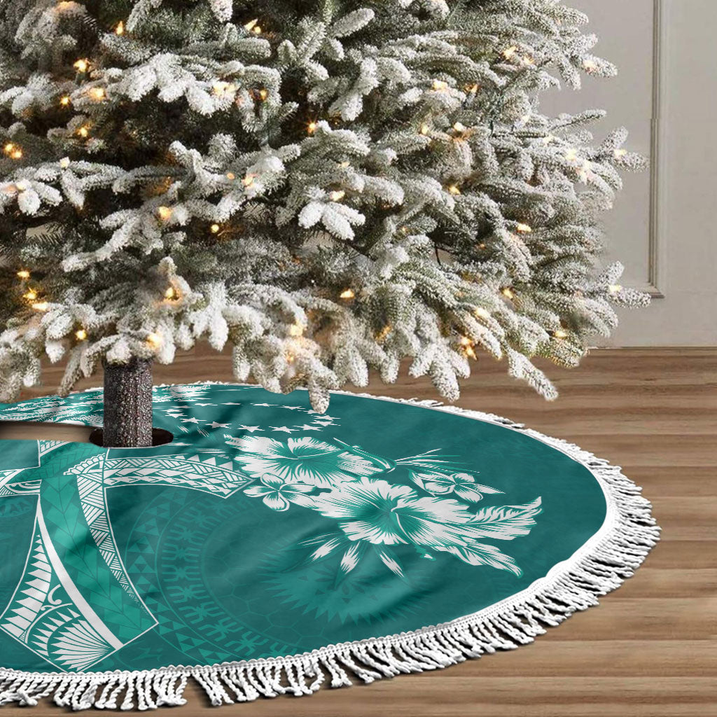 Kia Orana Cook Islands Tapa Floral With Cross Tree Skirt Deep Teal LT7 - Polynesian Pride
