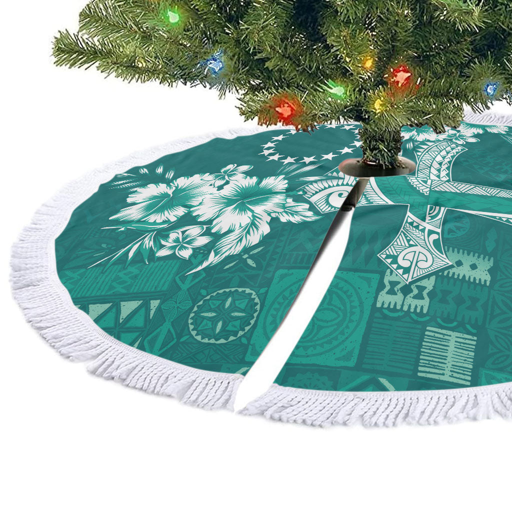 Kia Orana Cook Islands Tapa Floral With Cross Tree Skirt Deep Teal LT7 - Polynesian Pride
