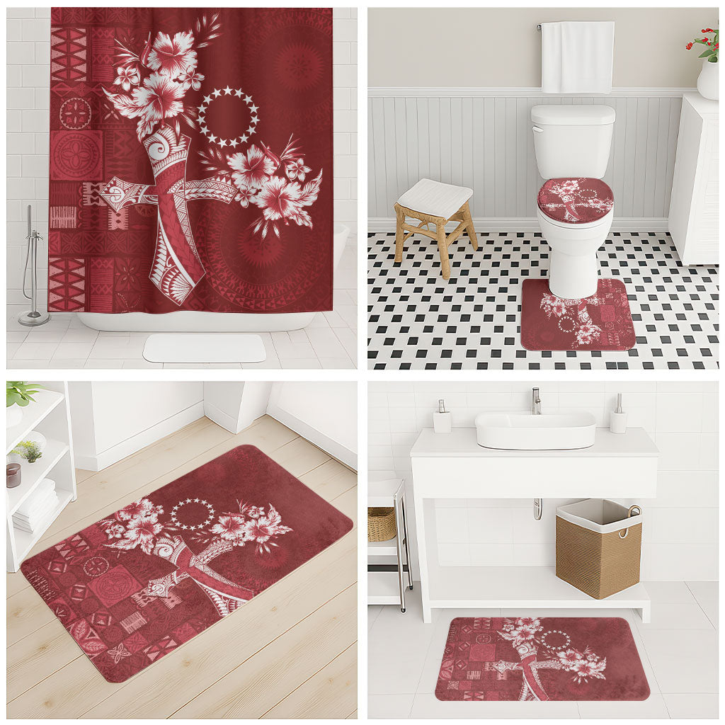 Kia Orana Cook Islands Tapa Floral With Cross Bathroom Set Crimson Red LT7 - Polynesian Pride