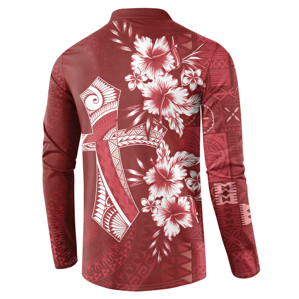 Kia Orana Cook Islands Tapa Floral With Cross Button Sweatshirt Crimson Red LT7 - Polynesian Pride
