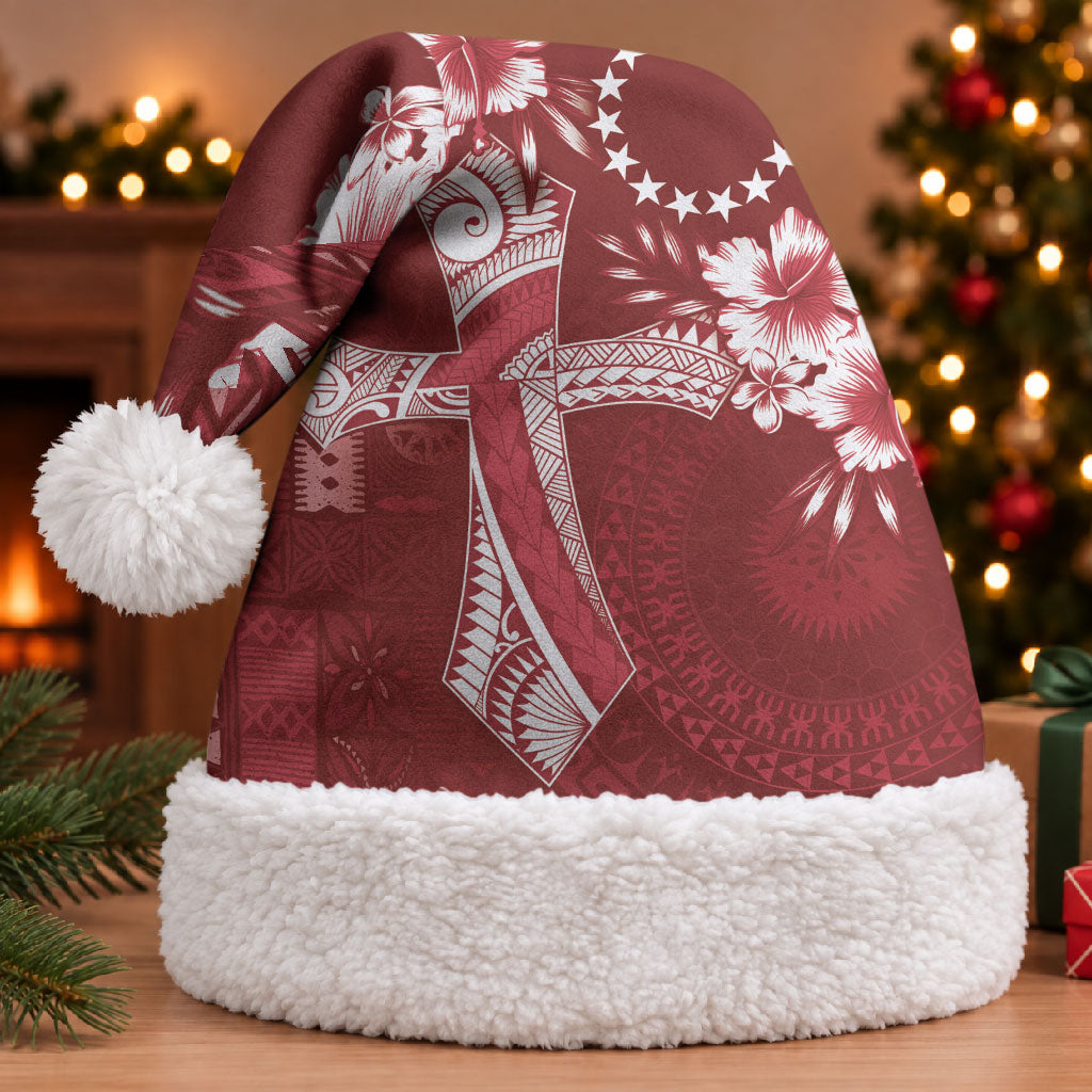 Kia Orana Cook Islands Tapa Floral With Cross Christmas Santa Hat Crimson Red LT7 With Fur Crimson Red - Polynesian Pride