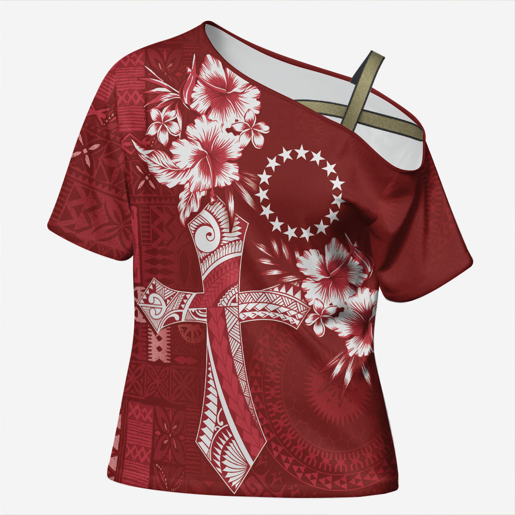 Kia Orana Cook Islands Tapa Floral With Cross Cross Shoulder Shirt Crimson Red LT7 Female Crimson Red - Polynesian Pride