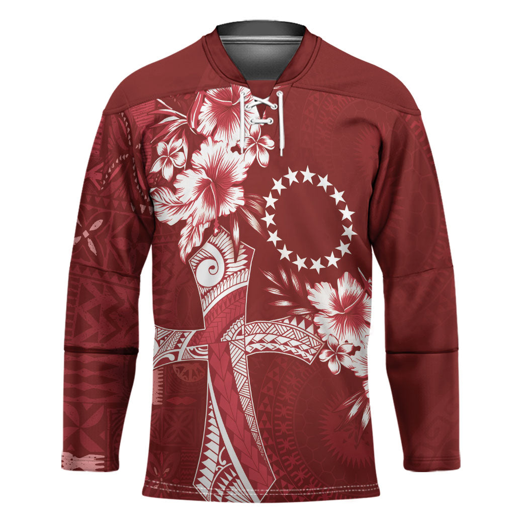 Kia Orana Cook Islands Tapa Floral With Cross Hockey Jersey Crimson Red LT7 Unisex Crimson Red - Polynesian Pride
