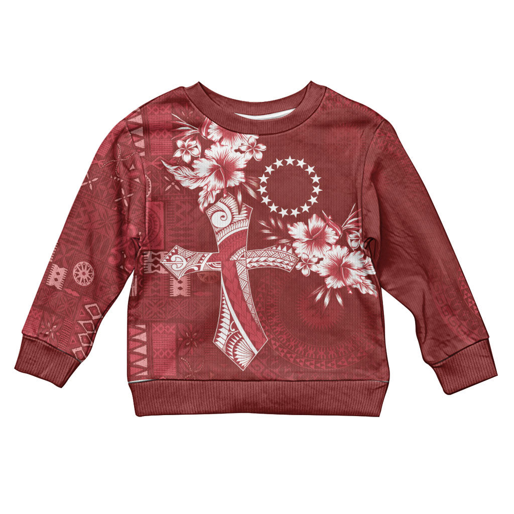 Kia Orana Cook Islands Tapa Floral With Cross Kid Ugly Christmas Sweater Crimson Red LT7 Kid Crimson Red - Polynesian Pride