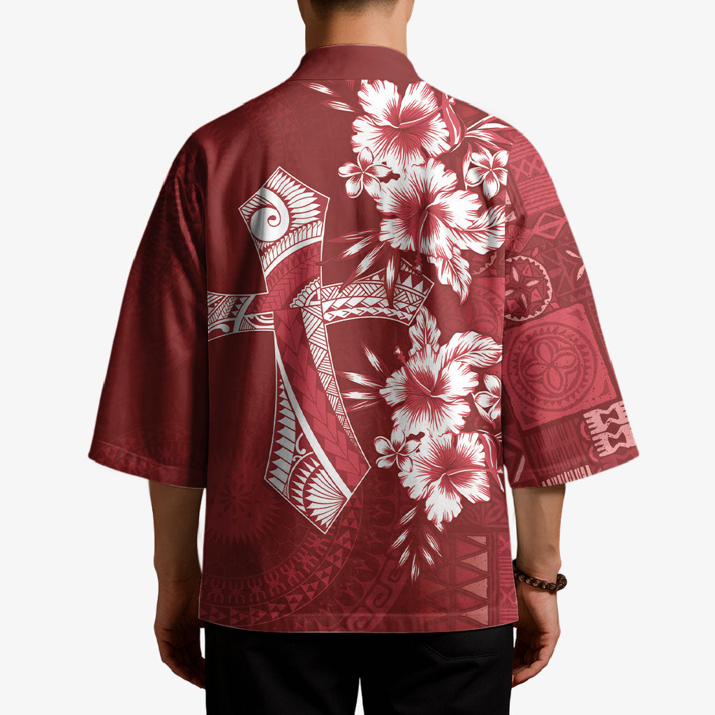 Kia Orana Cook Islands Tapa Floral With Cross Kimono Crimson Red LT7 - Polynesian Pride