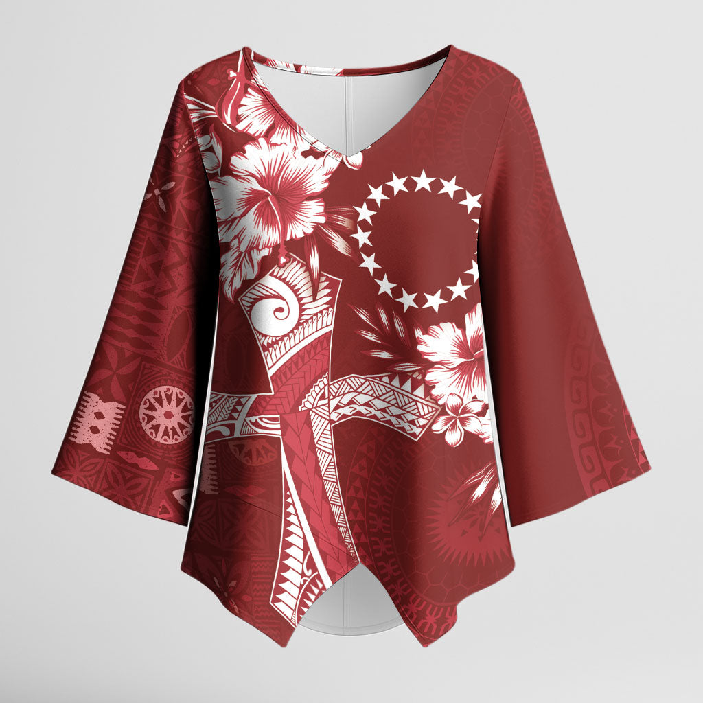 Kia Orana Cook Islands Tapa Floral With Cross Kimono Sleeve Blouse Crimson Red LT7 Female Crimson Red - Polynesian Pride