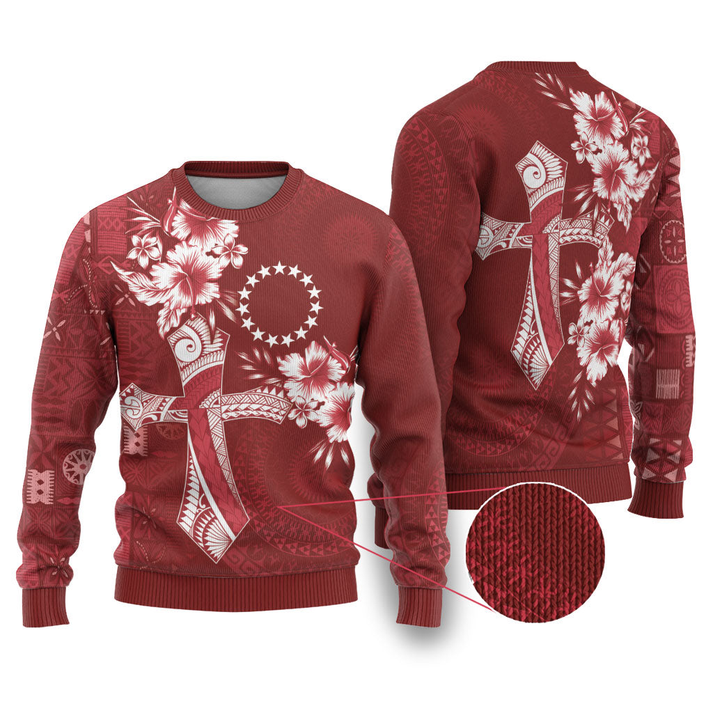 Kia Orana Cook Islands Tapa Floral With Cross Ugly Christmas Sweater Crimson Red LT7 Crimson Red - Polynesian Pride