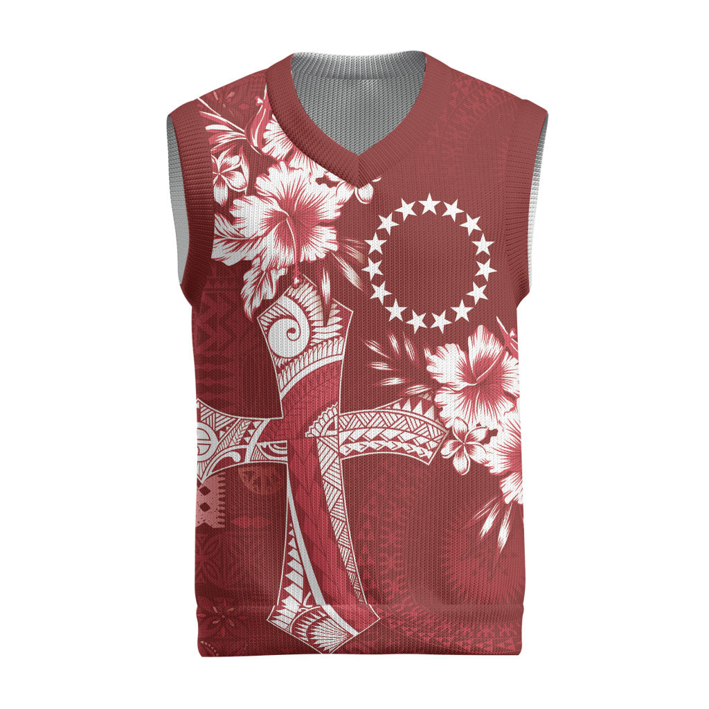 Kia Orana Cook Islands Tapa Floral With Cross Christmas Knitted V-Neck Vest Crimson Red LT7 Crimson Red - Polynesian Pride