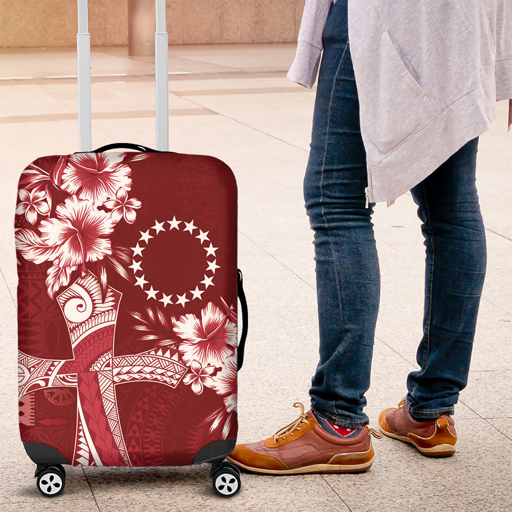 Kia Orana Cook Islands Tapa Floral With Cross Luggage Cover Crimson Red LT7 Crimson Red - Polynesian Pride