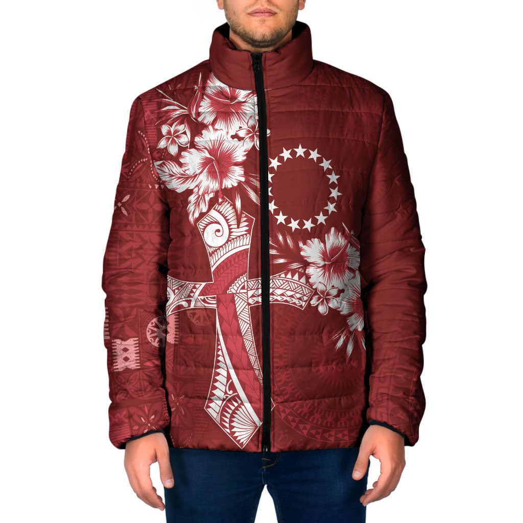 Kia Orana Cook Islands Tapa Floral With Cross Padded Jacket Crimson Red LT7 Men Crimson Red - Polynesian Pride