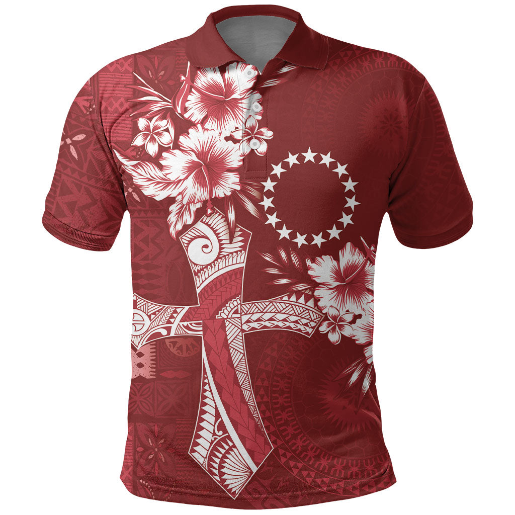 Kia Orana Cook Islands Tapa Floral With Cross Polo Shirt Crimson Red