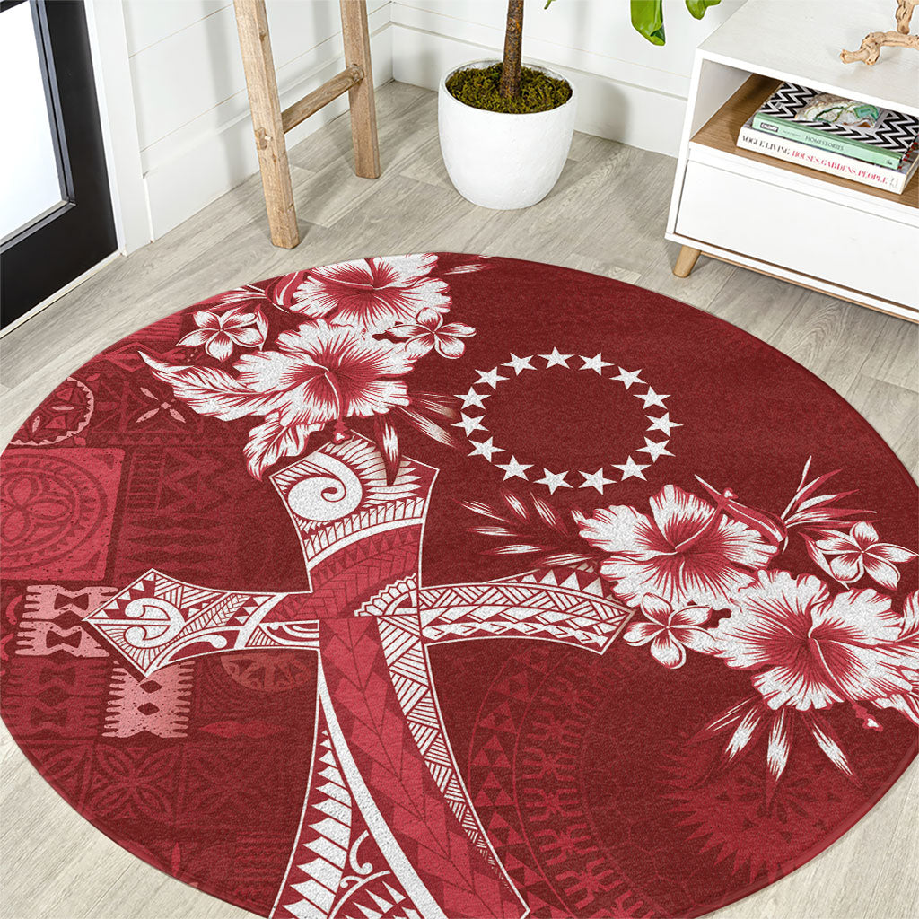 Kia Orana Cook Islands Tapa Floral With Cross Round Carpet Crimson Red LT7 Crimson Red - Polynesian Pride
