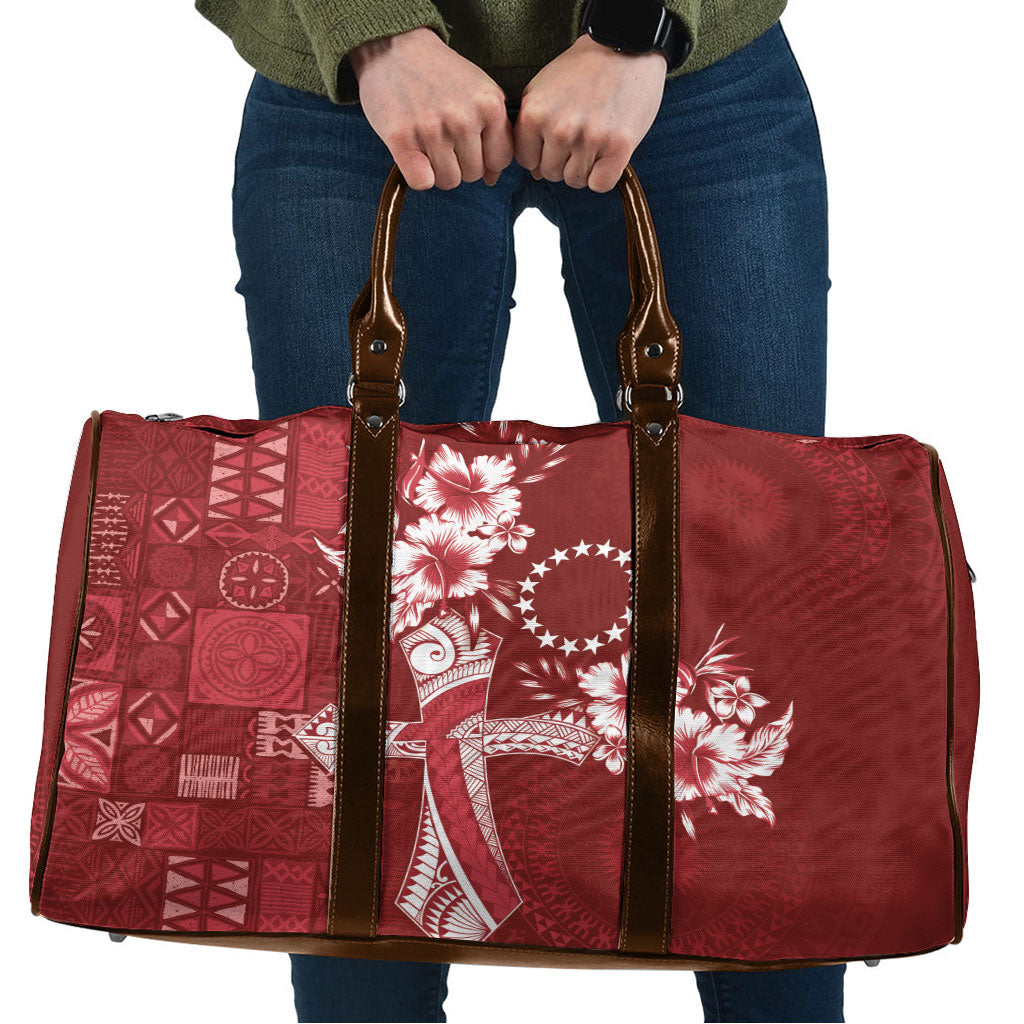 Kia Orana Cook Islands Tapa Floral With Cross Travel Bag Crimson Red LT7 Crimson Red - Polynesian Pride